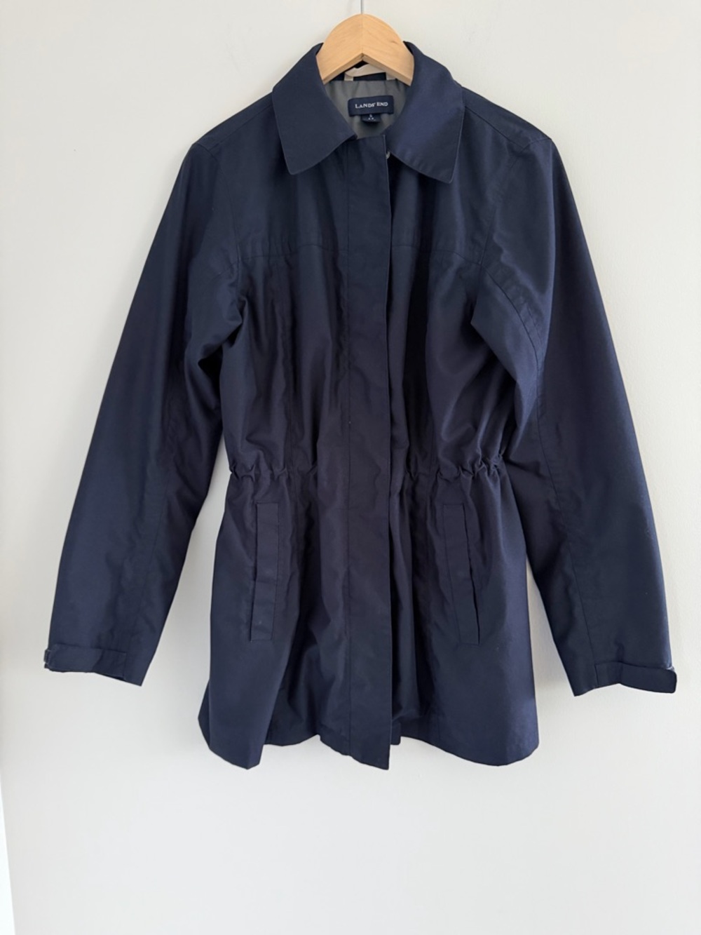 Lands' End Navy Blue Rain Jacket Womens 6-8 Cinched Waist‎ Coat Classic Outdoor